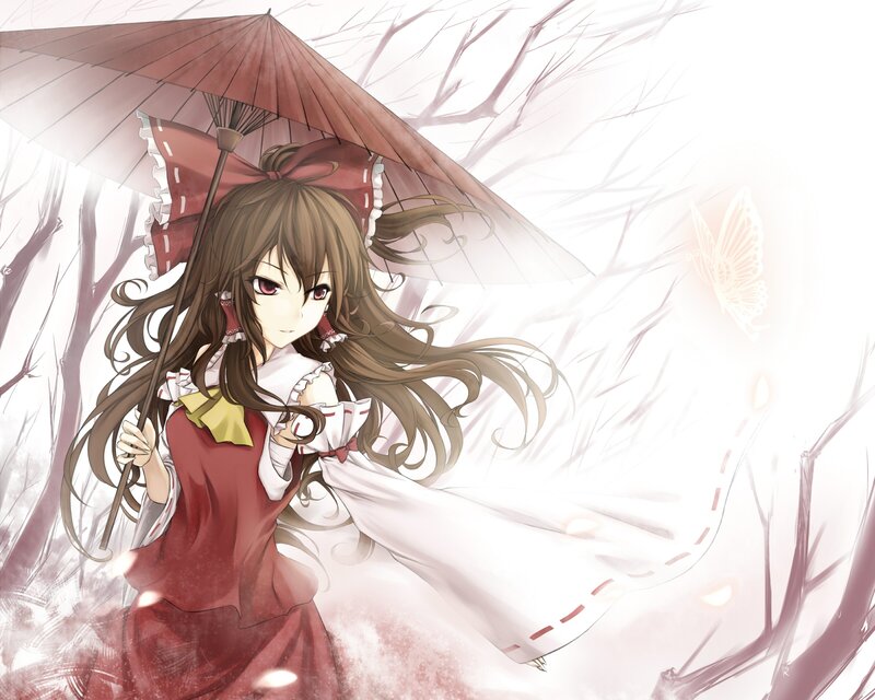 Anime Girl with Umbrella — Red, Serene, Winter, Butterfly