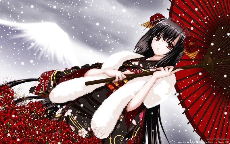Anime Girl with Umbrella — Red, Serene, Winter, Digital Art, Kimono