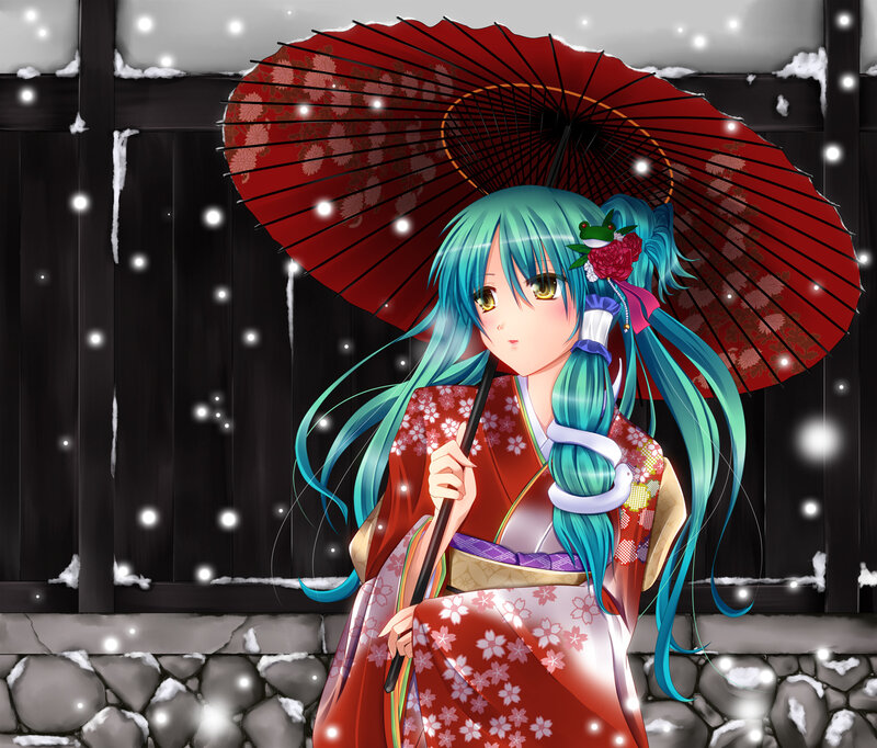 Anime Girl with Umbrella — Red, Serene, Winter