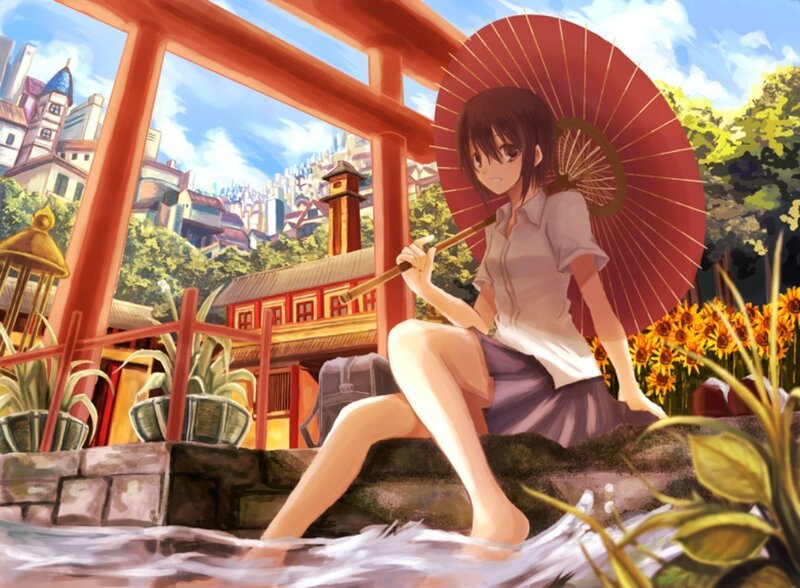 Anime Girl with Umbrella — Red