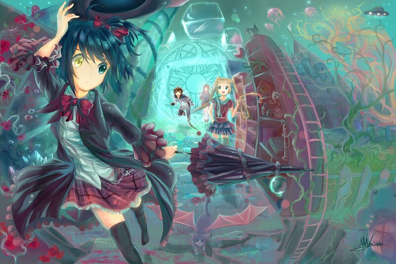 Anime Girl with Umbrella — Teal