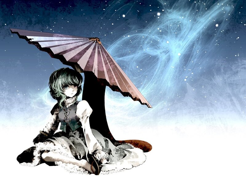 anime girl with umbrella under stars