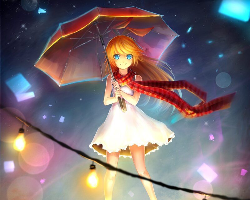 Anime Girl with Umbrella — White, Dreamy, Night, Digital Art