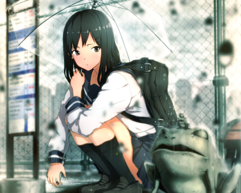 Anime Girl with Umbrella — White, Rainy