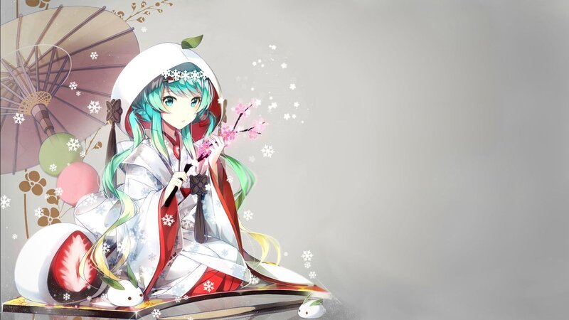 Anime Girl with Umbrella — White, Serene, Spring, Digital Art, Cherry Blossoms, Kimono
