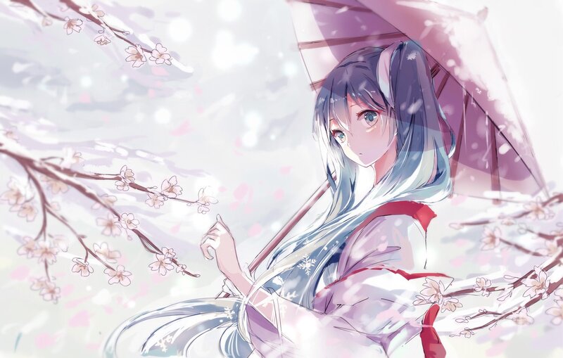 Anime Girl with Umbrella — White, Serene, Spring, Digital Art, Cherry Blossoms, Rain