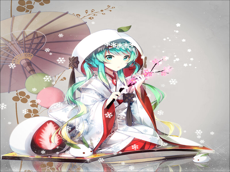 Anime Girl with Umbrella — White, Serene, Spring, Digital Art, Cherry Blossoms