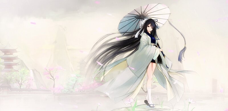 Anime Girl with Umbrella — White, Serene, Spring, Digital Art, Kimono