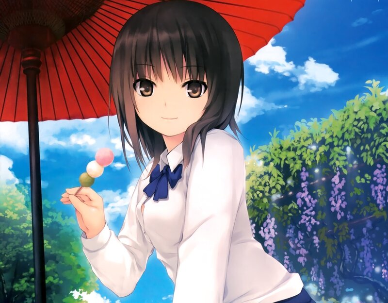 Anime Girl with Umbrella — White, Serene, Spring