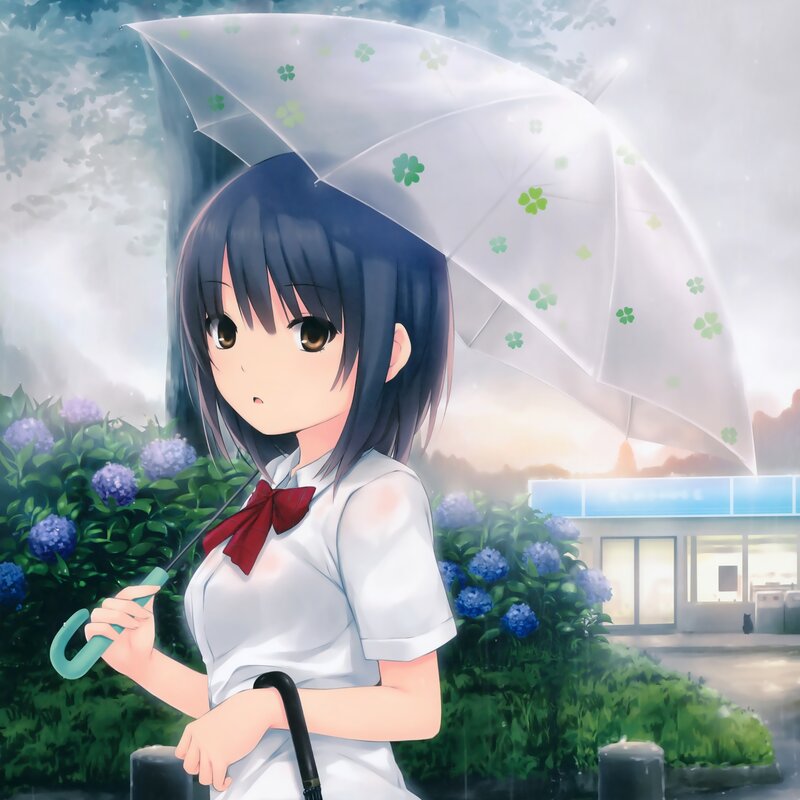 Anime Girl with Umbrella — White, Serene, Sunset