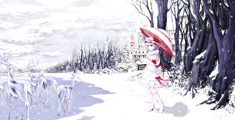 Anime Girl with Umbrella — White, Serene, Winter, Digital Art, Deer, Castle