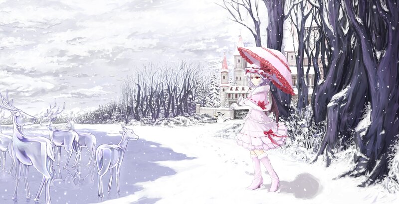 Anime Girl with Umbrella — White, Serene, Winter, Digital Art, Deer