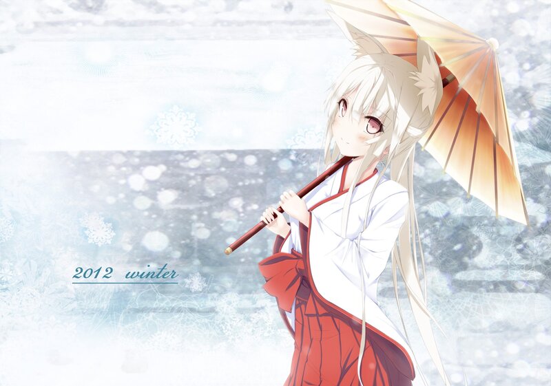 Anime Girl with Umbrella — White, Serene, Winter, Digital Art, Flute