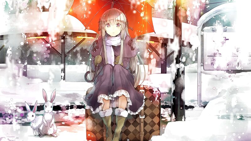 Anime Girl with Umbrella — White, Serene, Winter, Digital Art, Rabbit