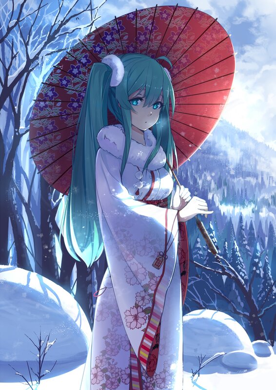 Anime Girl with Umbrella — White, Serene, Winter, Digital Art, Snow, Trees