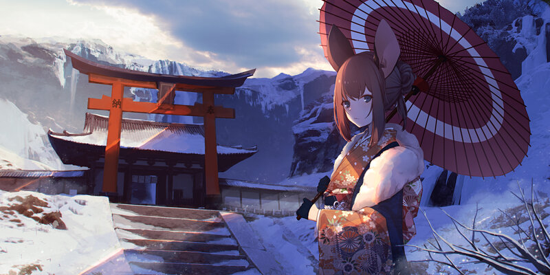 Anime Girl with Umbrella — White, Serene, Winter, Digital Art, Torii Gate