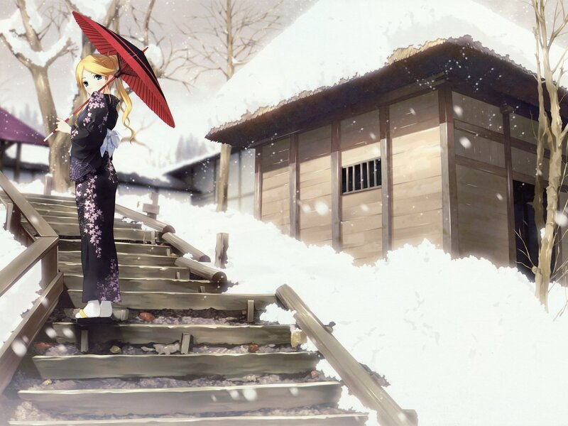 Anime Girl with Umbrella — White, Serene, Winter, Kimono
