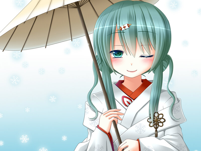 Anime Girl with Umbrella — White, Serene, Winter, Snowflakes