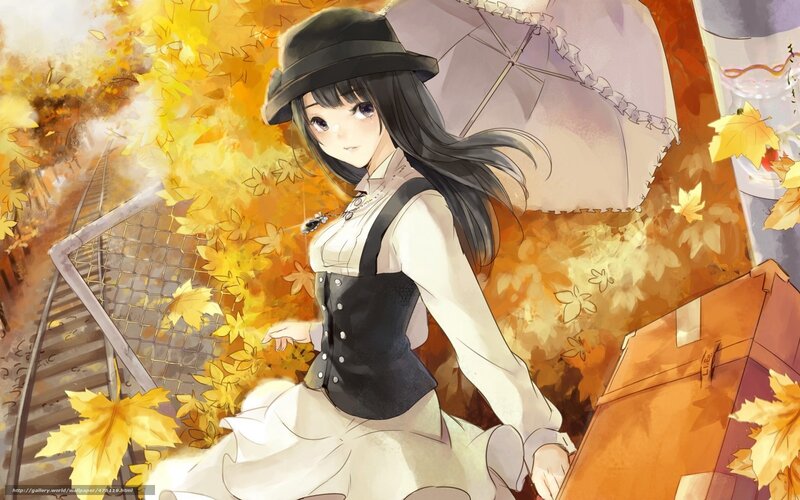 Anime Girl with Umbrella — Yellow, Serene, Autumn