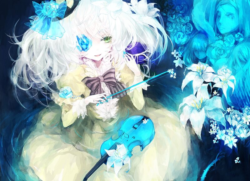 Anime Girl with Violin — Blue, Dreamy
