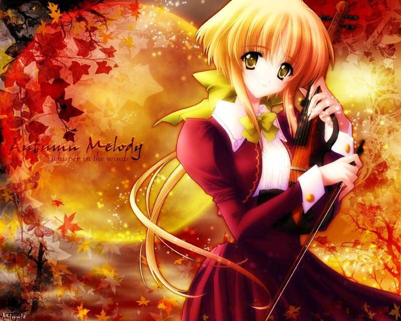 Anime girl with violin in autumn