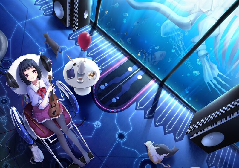 Anime girl with violin in futuristic room