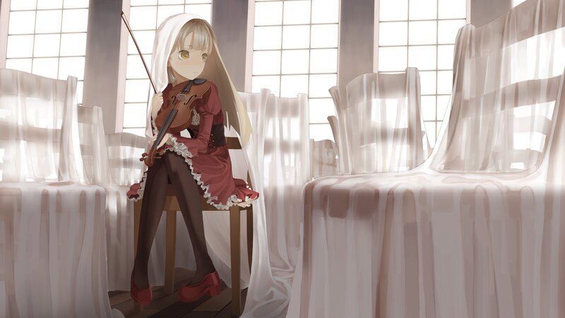 Anime Girl with Violin — White, Serene