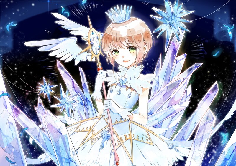 Anime Girl with Wand — Blue, Magical, Night, Digital Art, Crystals
