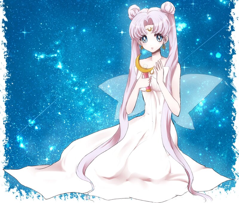 Anime Girl with Wand — Blue, Serene, Night, Starry Sky