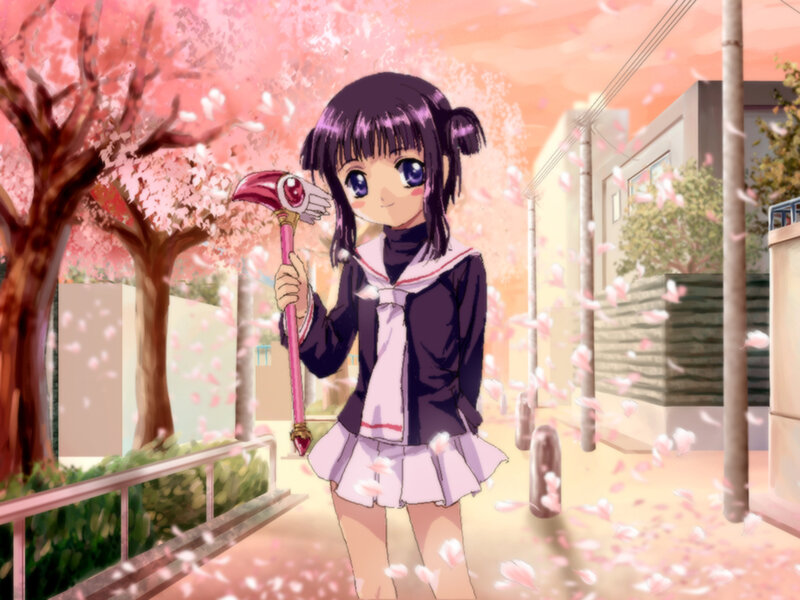 anime girl with wand in cherry blossoms
