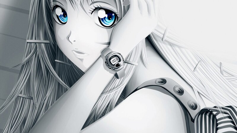 Anime Girl with Watch — White, Dramatic