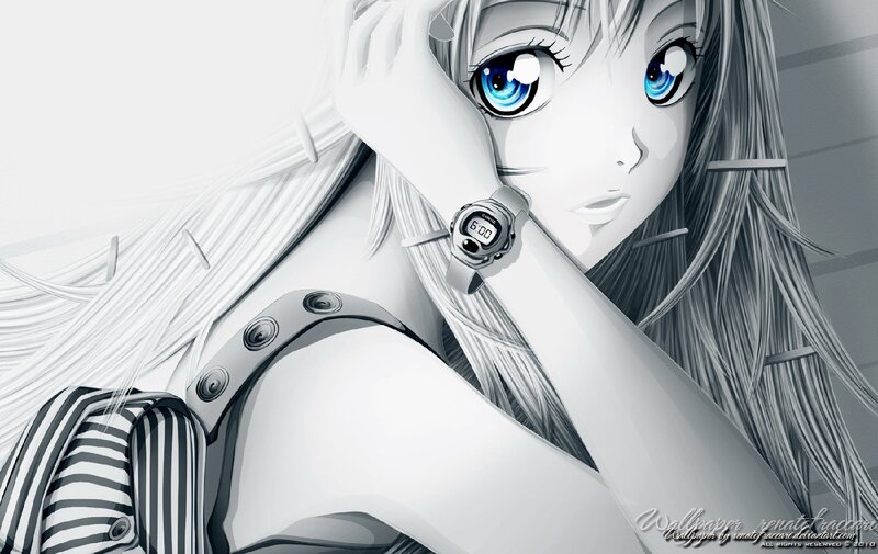 Anime Girl with Watch — White