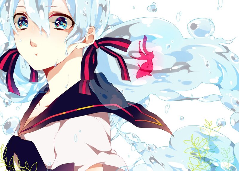 anime girl with water and fish