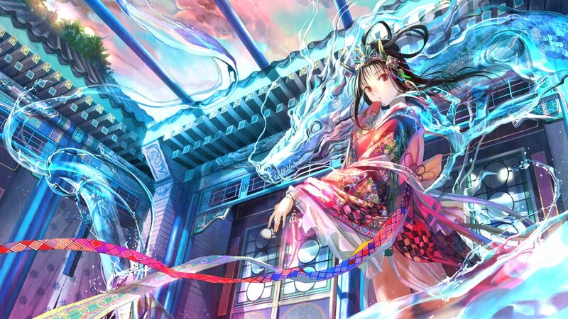 Anime girl with water dragon