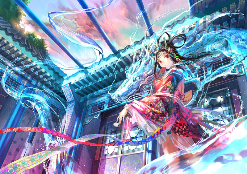 Anime Girl with Water Dragon — Blue, Dramatic, Sunset