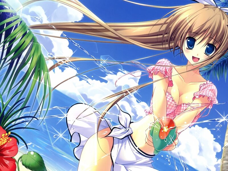 Anime Girl with Water Gun — Blue, Playful, Summer
