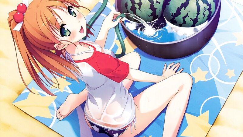 Anime Girl with Watermelon — Blue, Playful, Summer, Hose, Towel