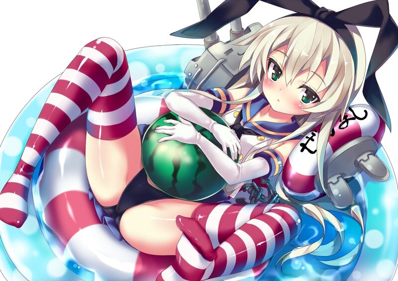 Anime Girl with Watermelon — Blue, Playful, Summer, Life Preserver