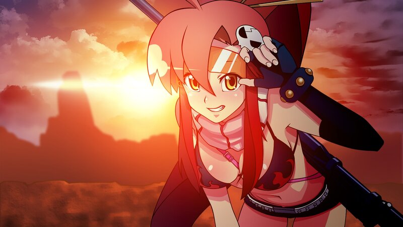 anime girl with weapon at sunset