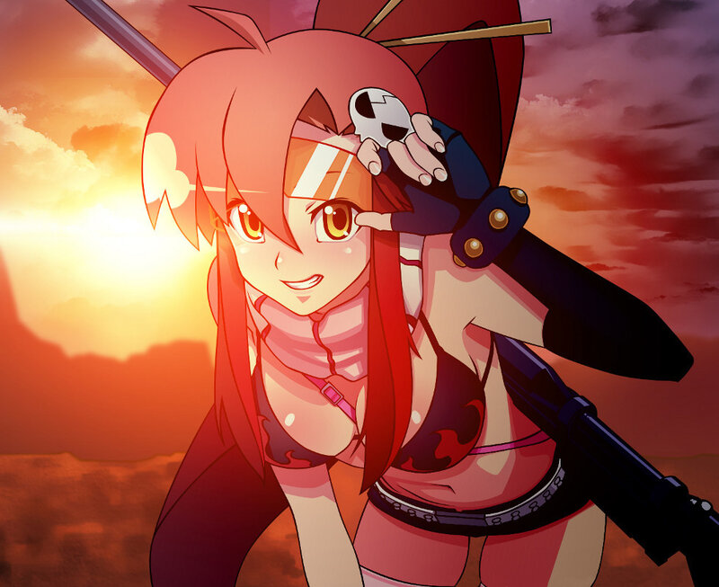 anime girl with weapon at sunset
