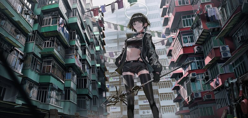 Anime Girl with Weapon — Black, Dramatic, Afternoon