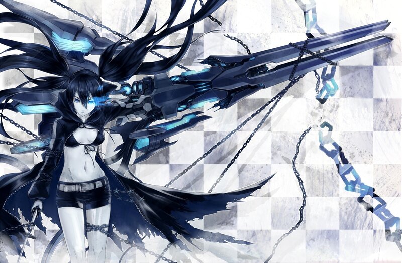 Anime Girl with Weapon — Black, Dramatic, Digital Art, Chains, Mecha, Long Hair, White