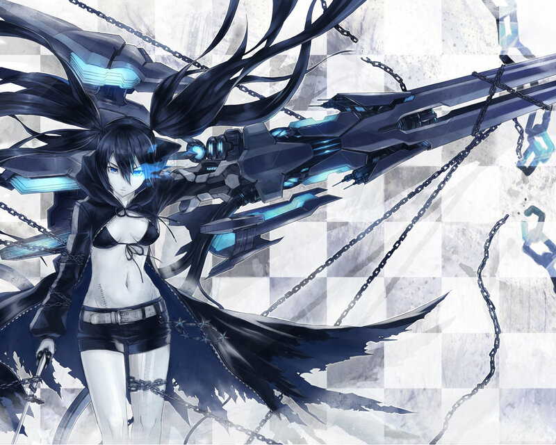 Anime Girl with Weapon — Black, Dramatic, Digital Art, Chains, Mechanical Weapon, Long Hair