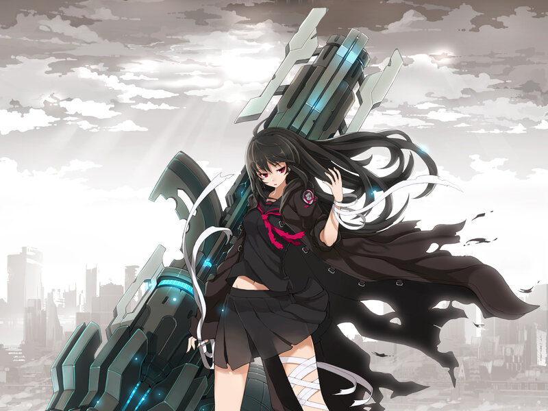 Anime Girl with Weapon — Black, Dramatic, Digital Art, Cityscape