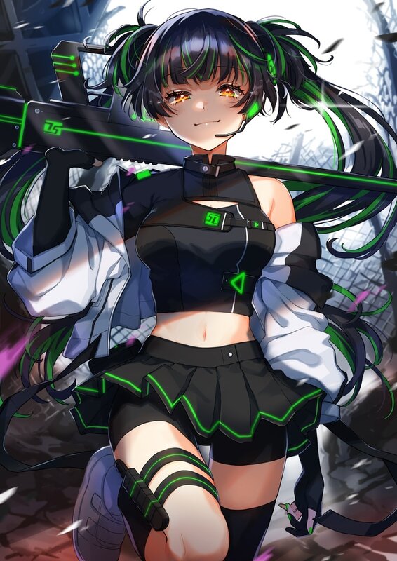Anime Girl with Weapon — Black, Dramatic, Digital Art, Green Hair