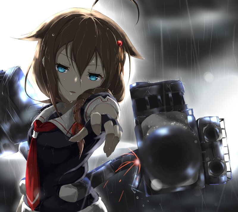Anime Girl with Weapon — Black, Dramatic, Digital Art, Rain