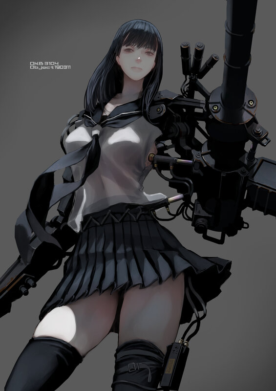 Anime Girl with Weapon — Black, Dramatic, Digital Art, Skirt, Robotic Arm