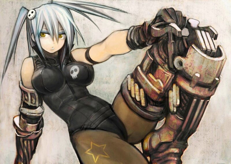 Anime Girl with Weapon — Black, Dramatic, Digital Art, Skull Emblem