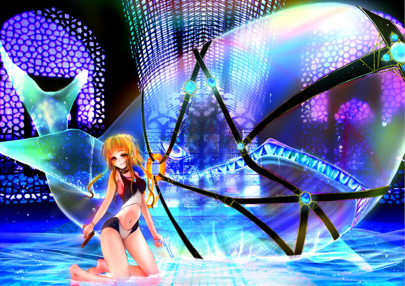 Anime Girl with Weapon — Blue, Dramatic, Night, Digital Art, Shark