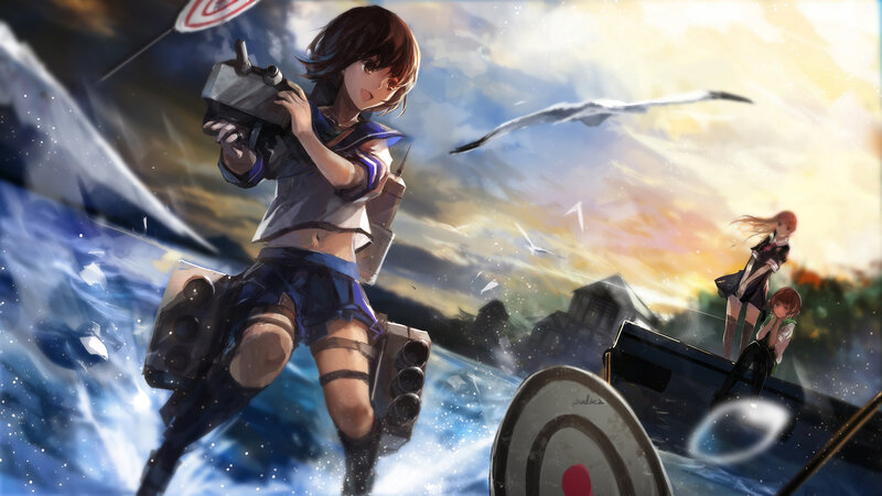 Anime Girl with Weapon — Blue, Dramatic, Sunset, Digital Art, Ship
